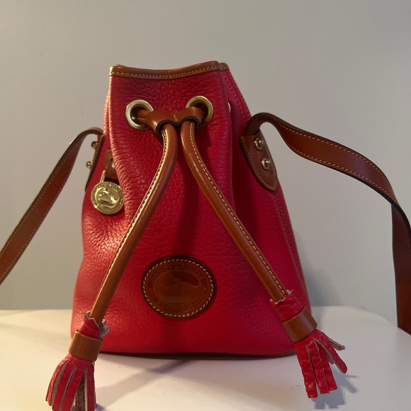 Handbags - Vintage Dooney & Bourke Leather Rouge Red & Tan Drawstring Bucket Purse